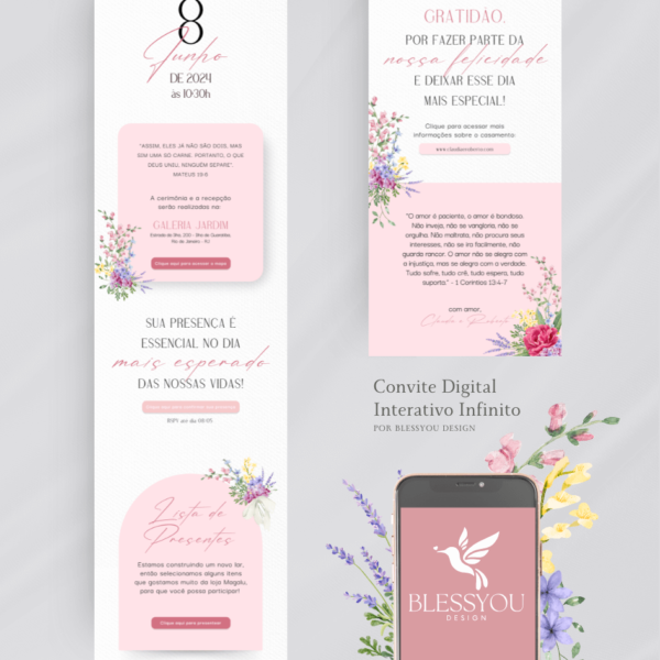 Convite de Casamento Digital/Virtual Interativo Floral Delicado - Imagem 2