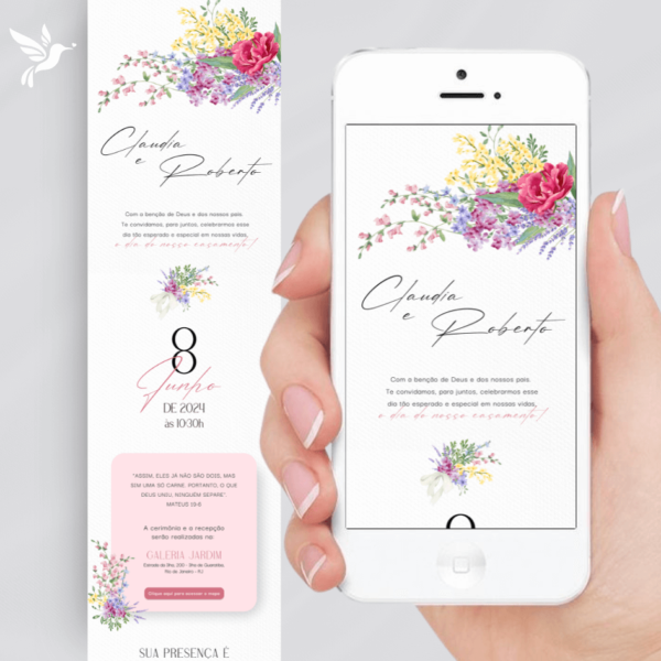 Convite de Casamento Digital/Virtual Interativo Floral Delicado